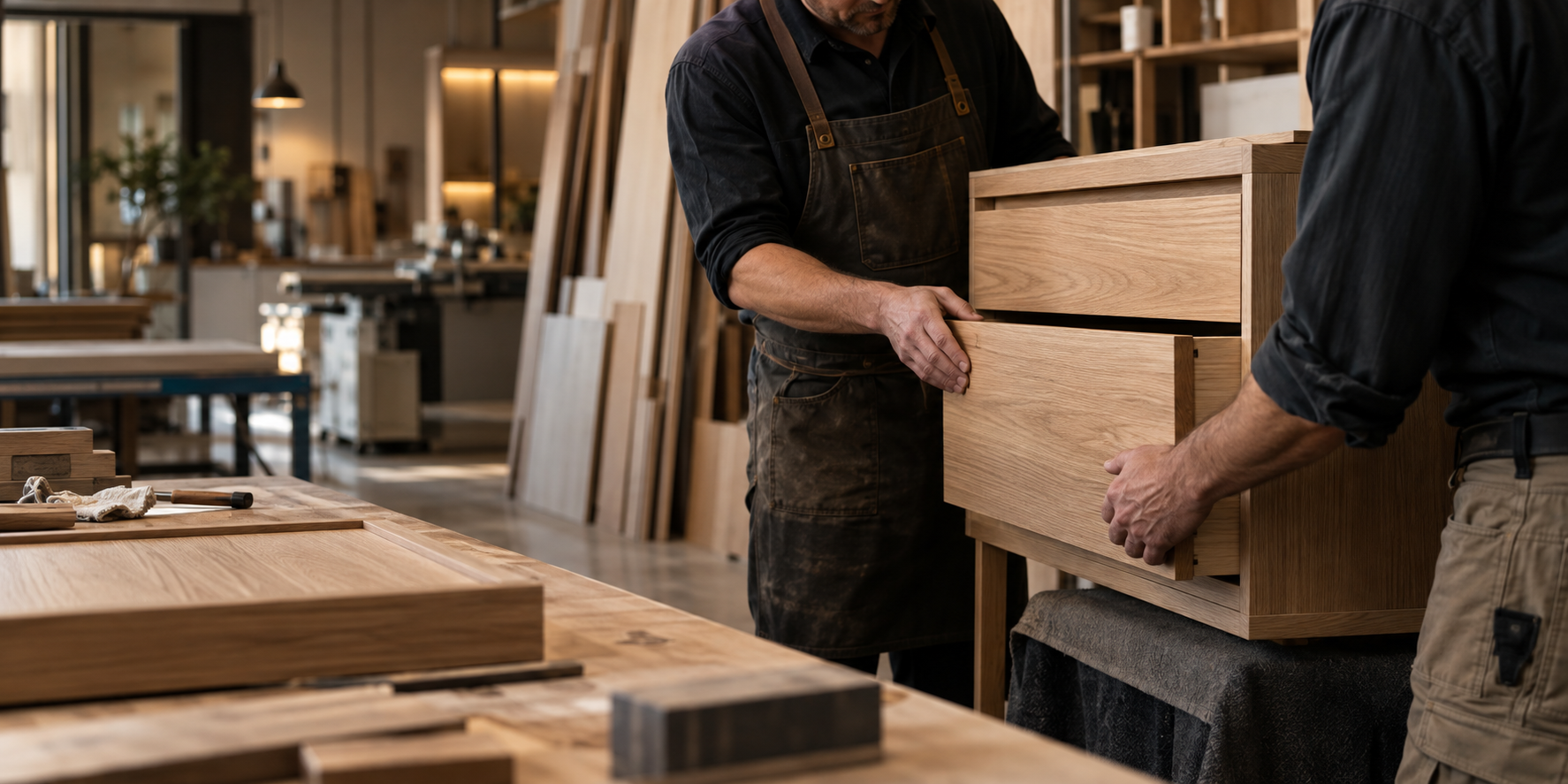 Experienced cabinet makers inspecting handcrafted oak cabinetry in a Melbourne workshop